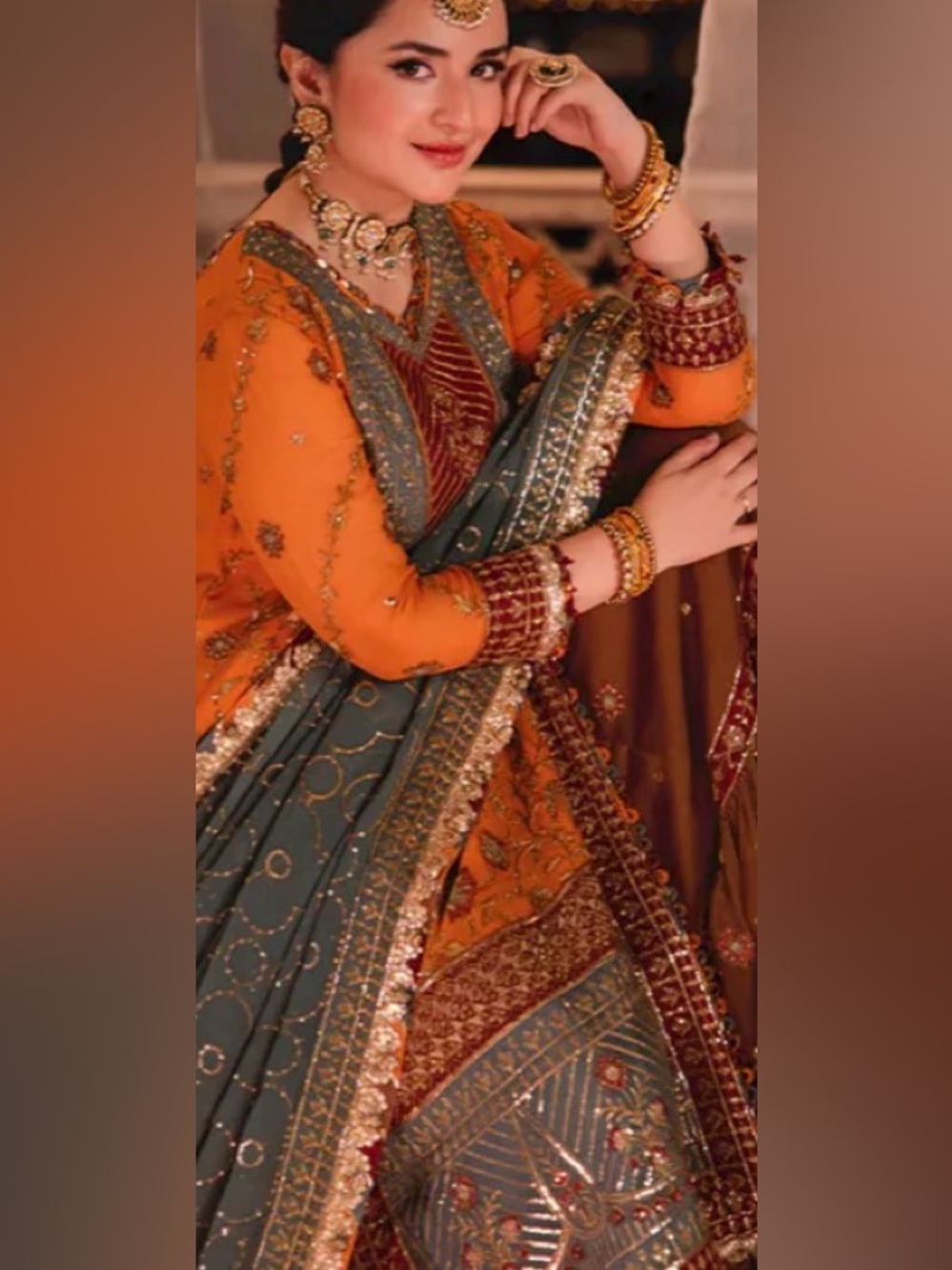 Ornate Orange Long-Sleeve Dress with Teal Accents gharara suit xl